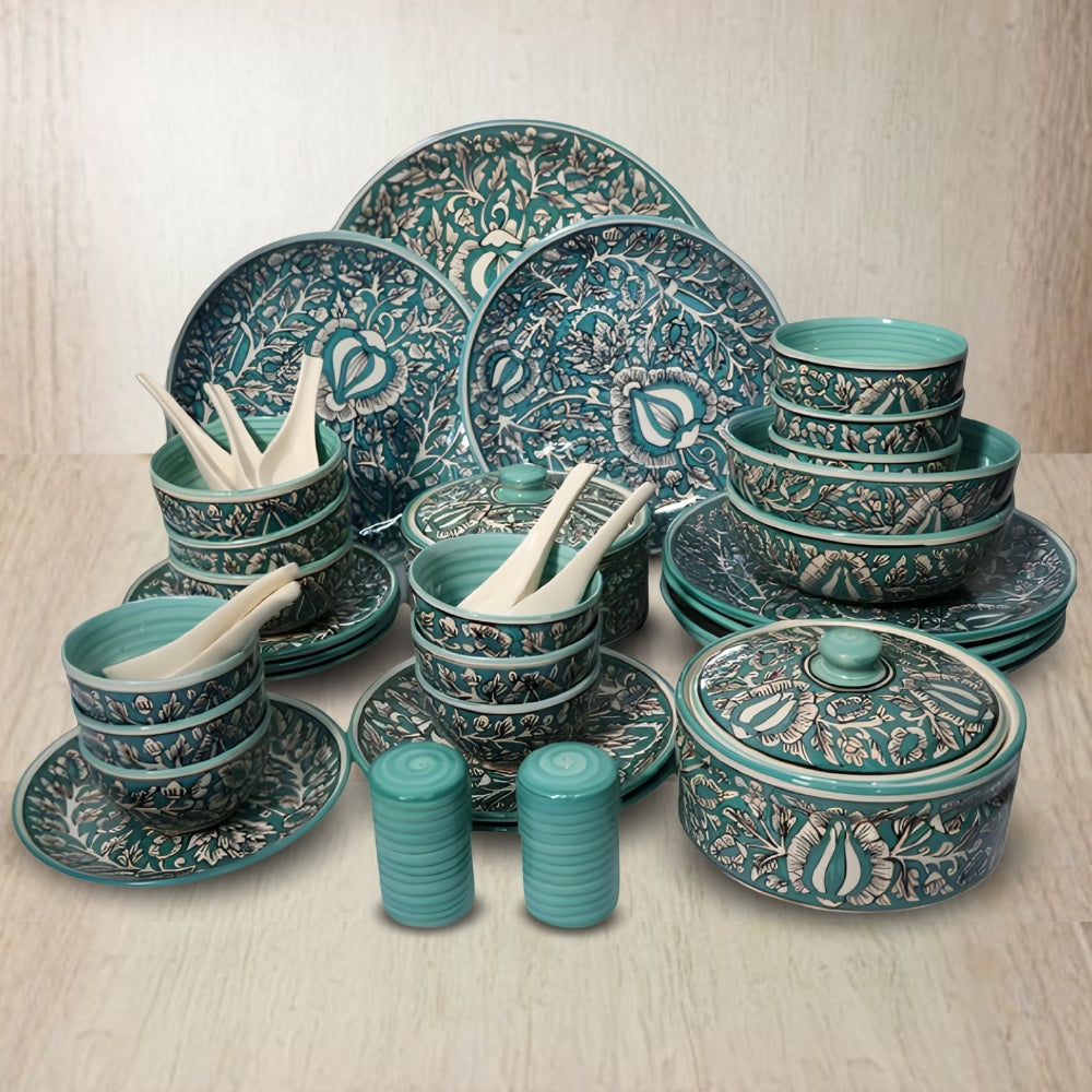 turquoise kalamkari design ceramic dinner set of 37 pieces for dining and serving with traditional printed pattern